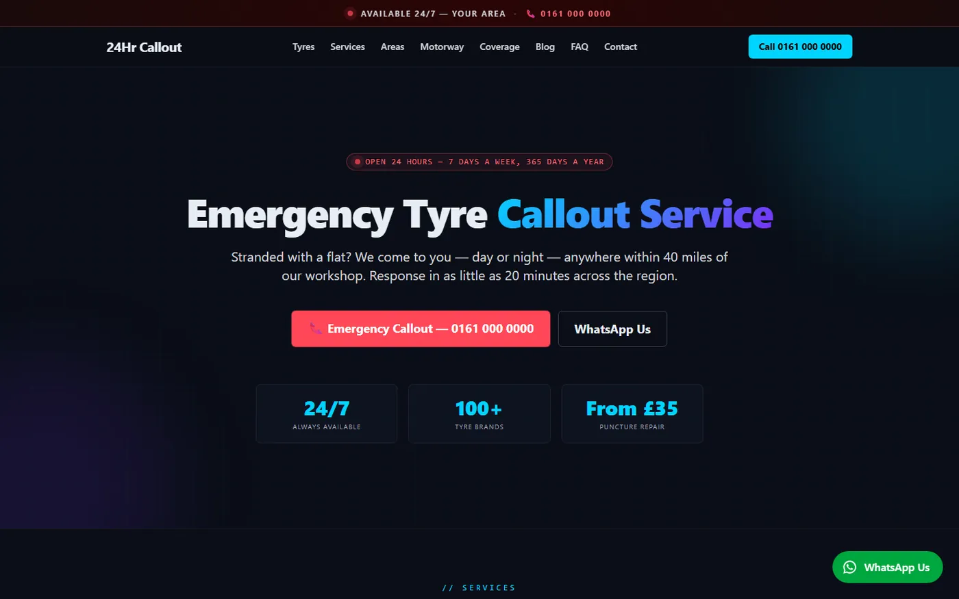A 24-hour emergency tyre callout site