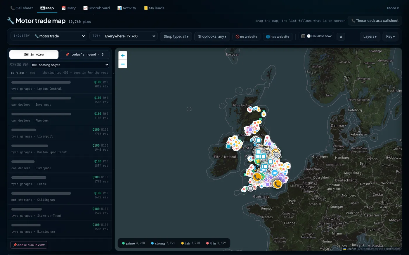 Acquisitions lead map: scored trade leads across the UK, business names hidden